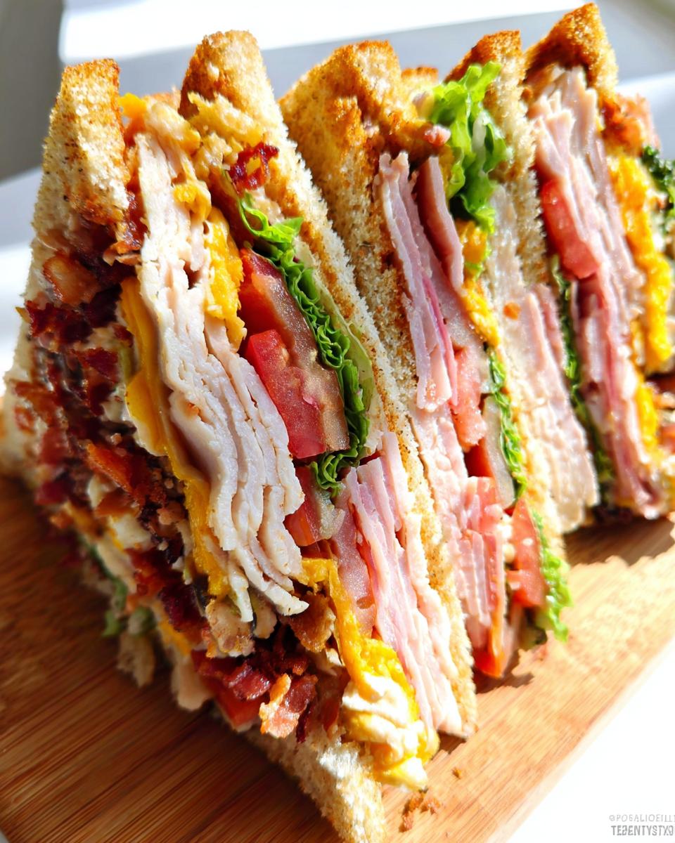 Close-up of a stacked Breakfast Club Sandwich with turkey, bacon, ham, tomato, lettuce, and cheese on toasted bread.