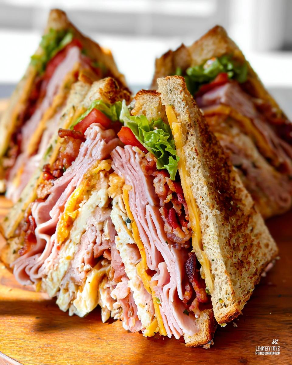 A close-up of a stacked Breakfast Club Sandwich with layers of turkey, bacon, cheese, egg, lettuce, and tomato.
