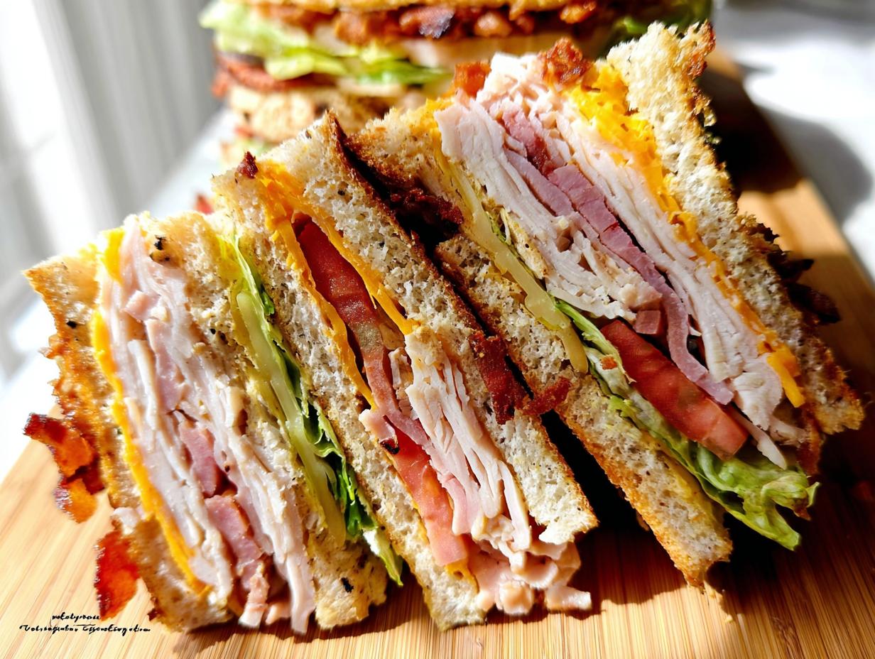 A close-up of a stacked Breakfast Club Sandwich, showing layers of turkey, ham, bacon, cheese, lettuce, and tomato.