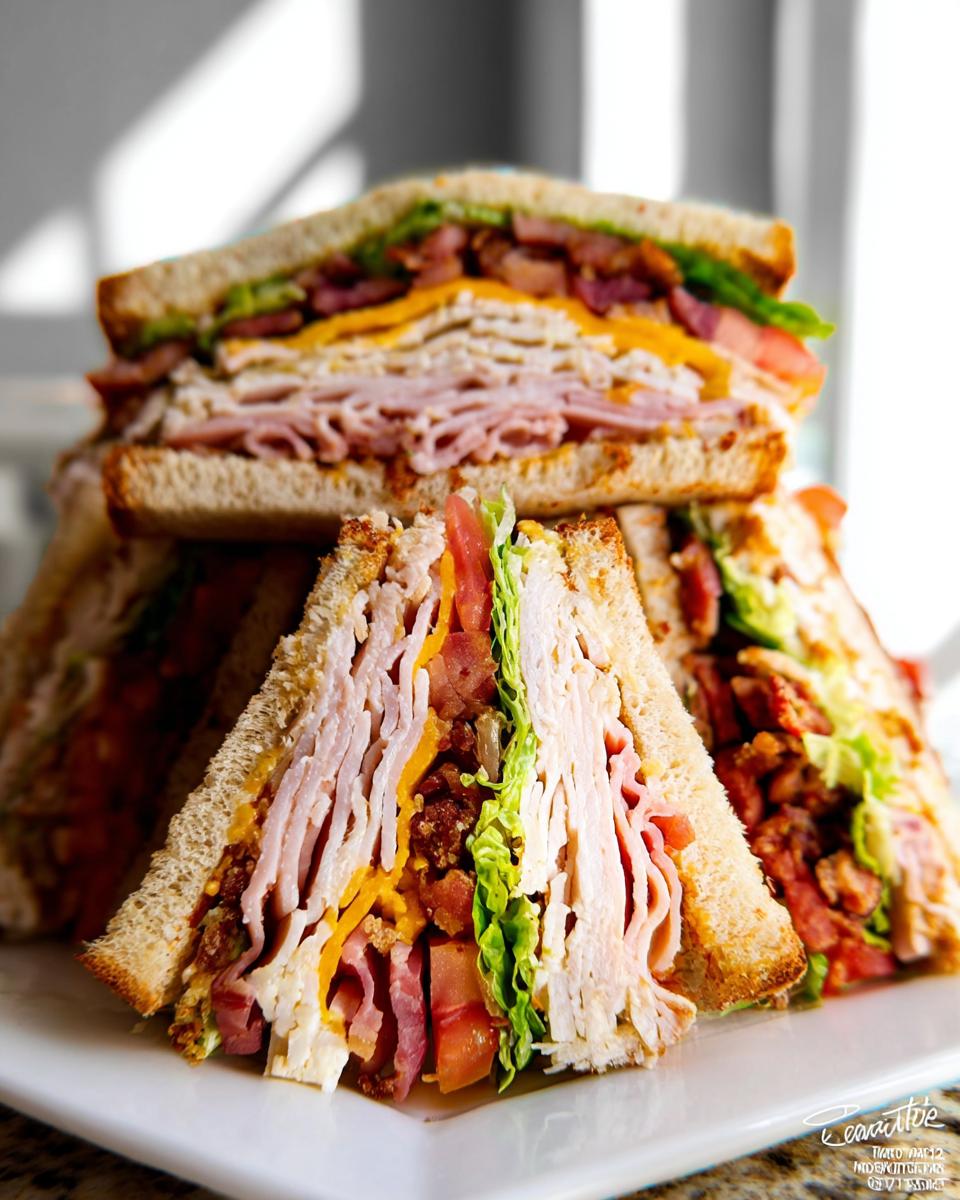 A tall stack of three Breakfast Club Sandwiches, loaded with turkey, ham, bacon, cheese, lettuce, and tomato.