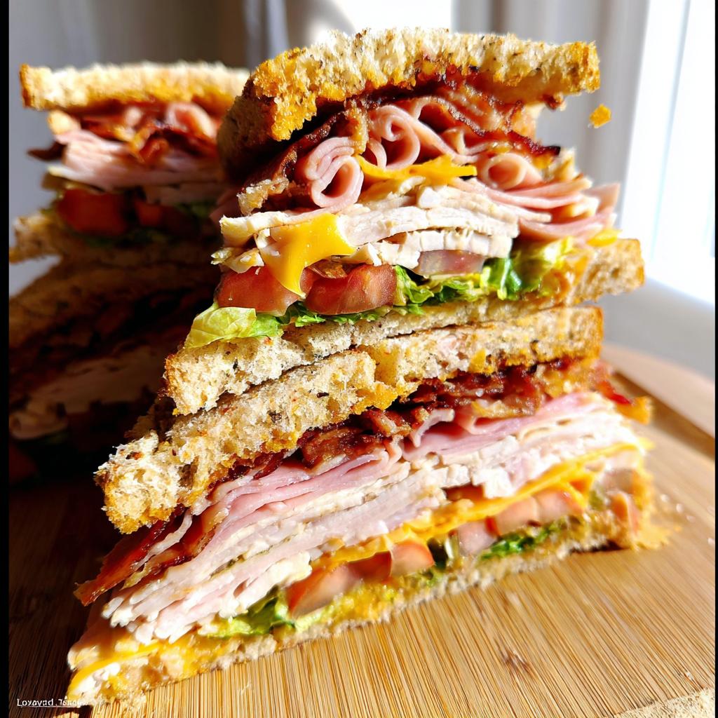 A tall, triple-decker Breakfast Club Sandwich with layers of turkey, ham, bacon, lettuce, tomato, and cheese on toasted bread.