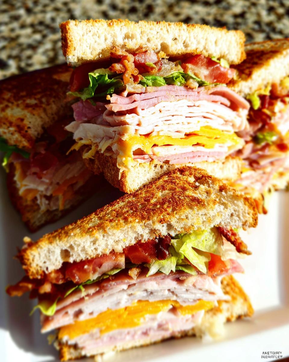 A stacked and sliced Breakfast Club Sandwich with layers of ham, turkey, bacon, cheese, lettuce, and tomato on toasted bread.