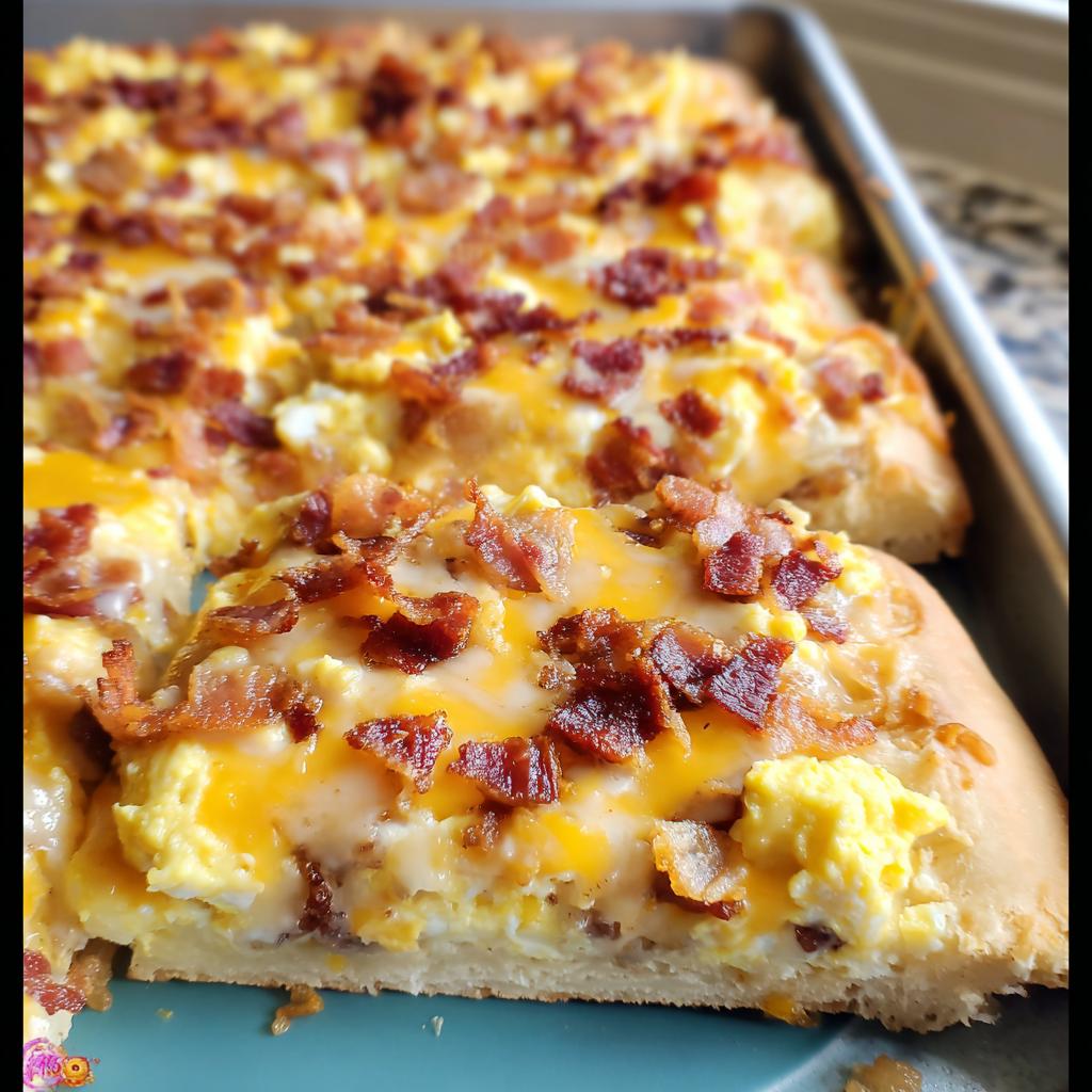 A slice of breakfast pizza with scrambled eggs, melted cheese, and crispy bacon on a golden crust.
