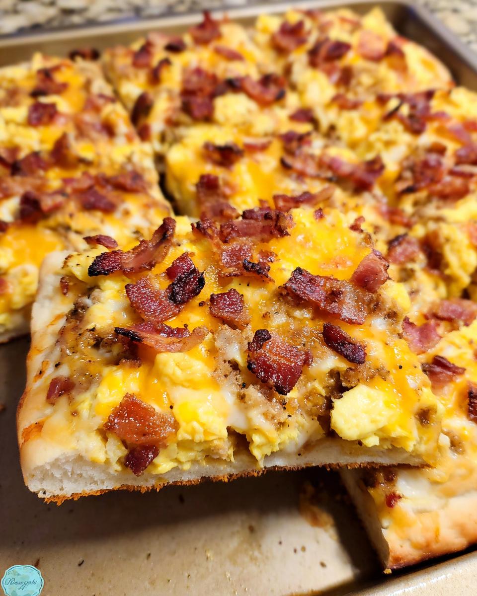 A slice of breakfast pizza egg recipe topped with scrambled eggs, cheese, and crispy bacon.