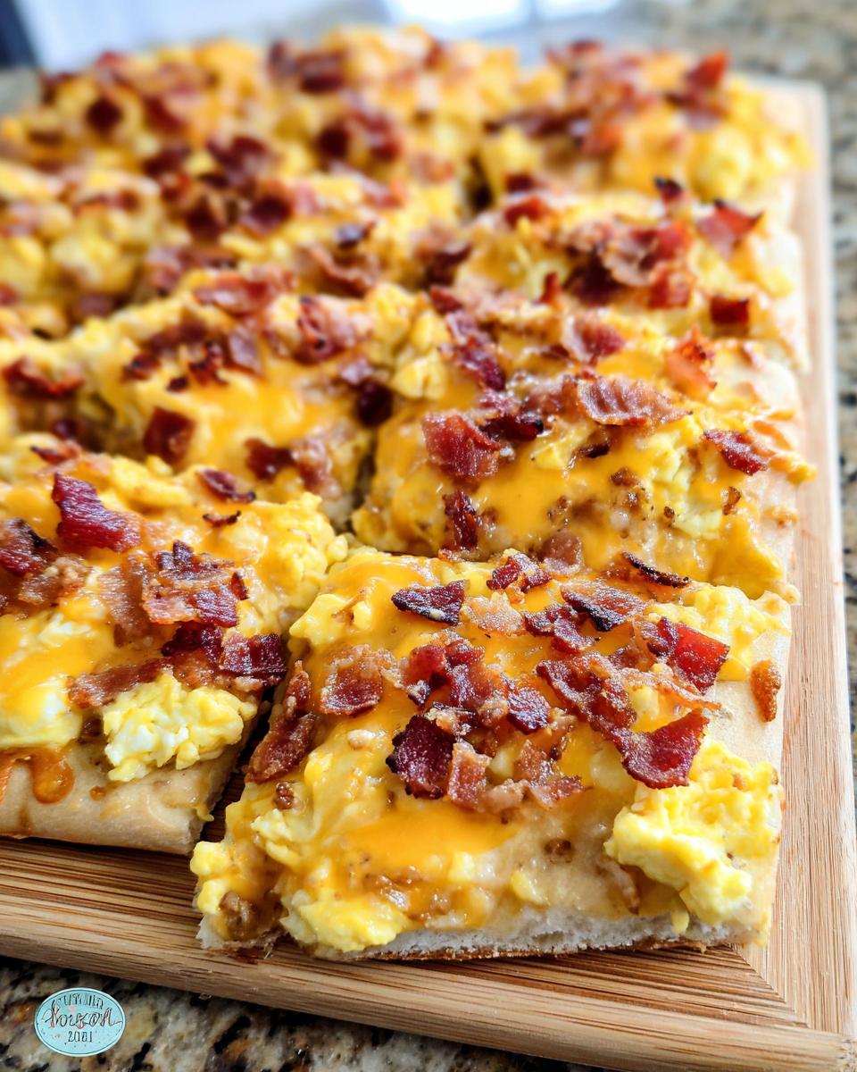 Close-up of a Breakfast Pizza egg recipe topped with scrambled eggs, melted cheddar cheese, and crispy bacon pieces.