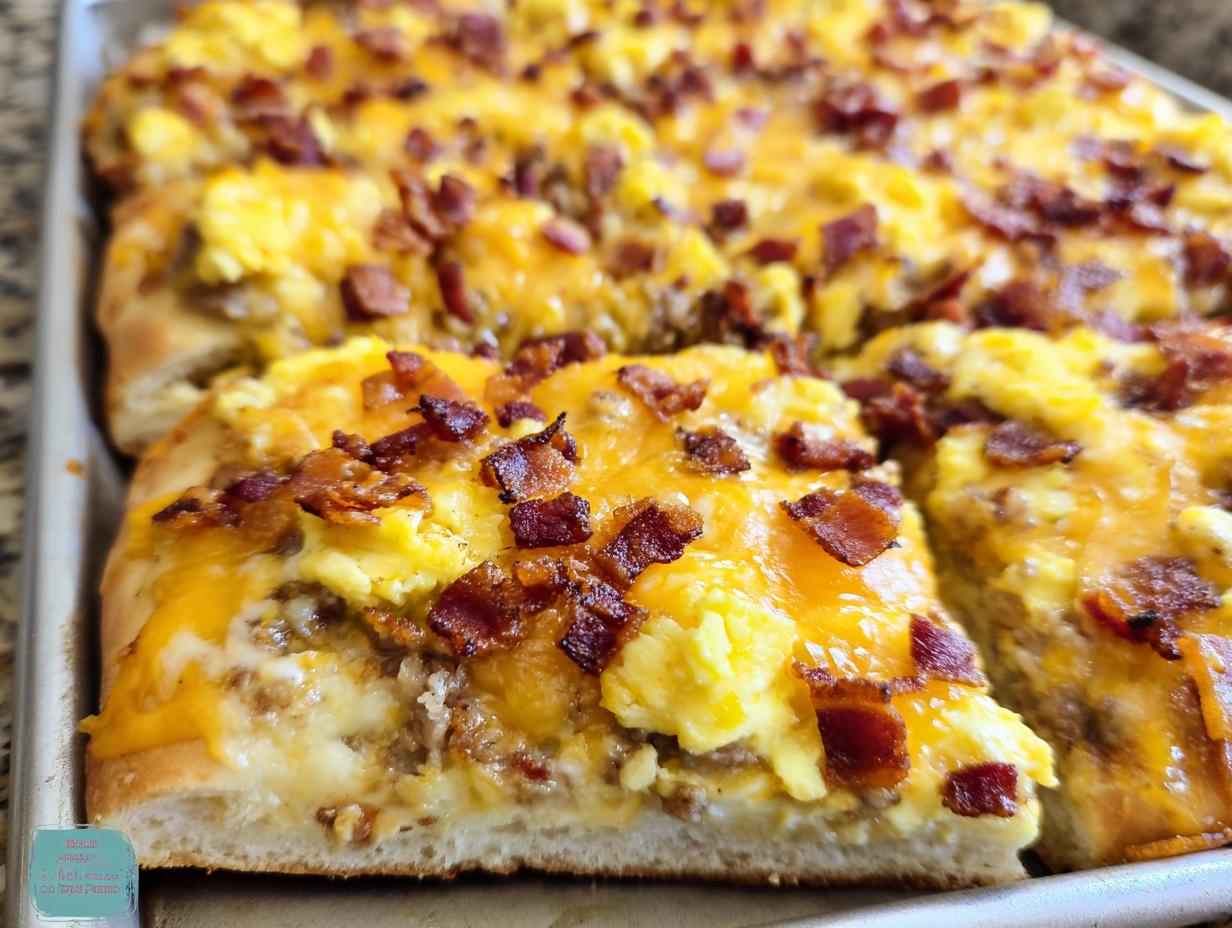 A slice of breakfast pizza egg recipe topped with scrambled eggs, melted cheddar cheese, and crispy bacon bits.