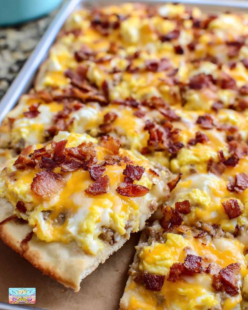 A slice of breakfast pizza egg recipe topped with scrambled eggs, sausage, cheese, and bacon.