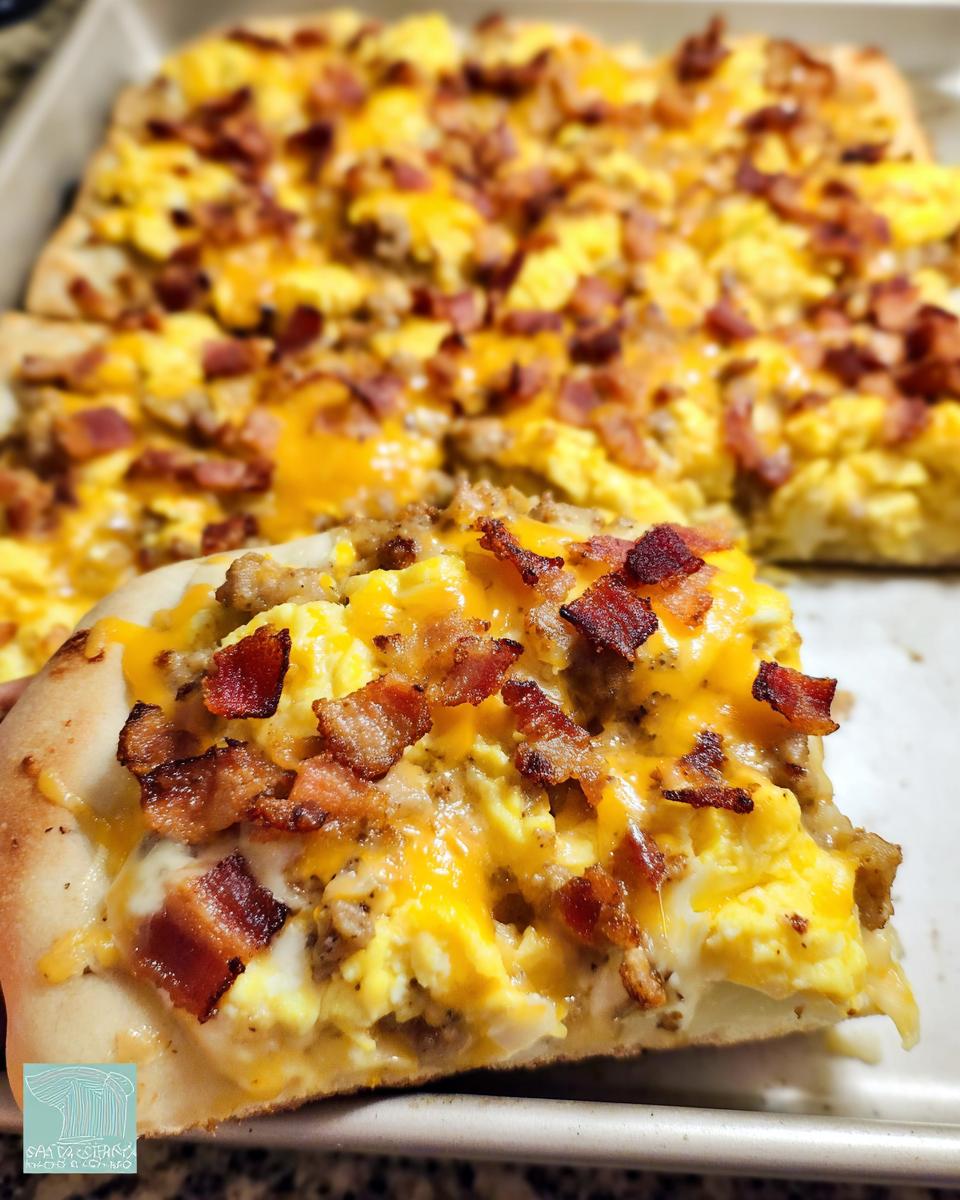 A slice of breakfast pizza egg recipe topped with scrambled eggs, cheese, and bacon.