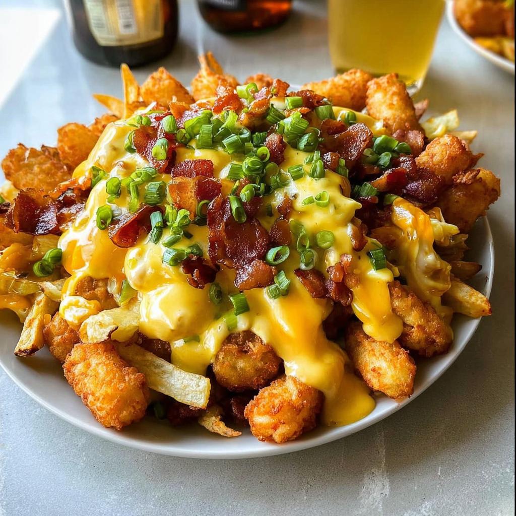 A plate piled high with Breakfast Poutine, featuring fries, tater tots, crispy bacon, and creamy hollandaise sauce, topped with green onions.