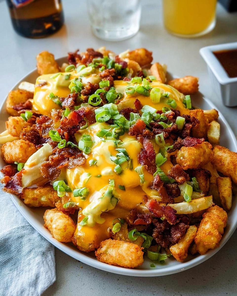 A plate piled high with Breakfast Poutine, featuring crispy tater tots, french fries, melted cheese, crumbled bacon, and green onions, drizzled with hollandaise sauce.