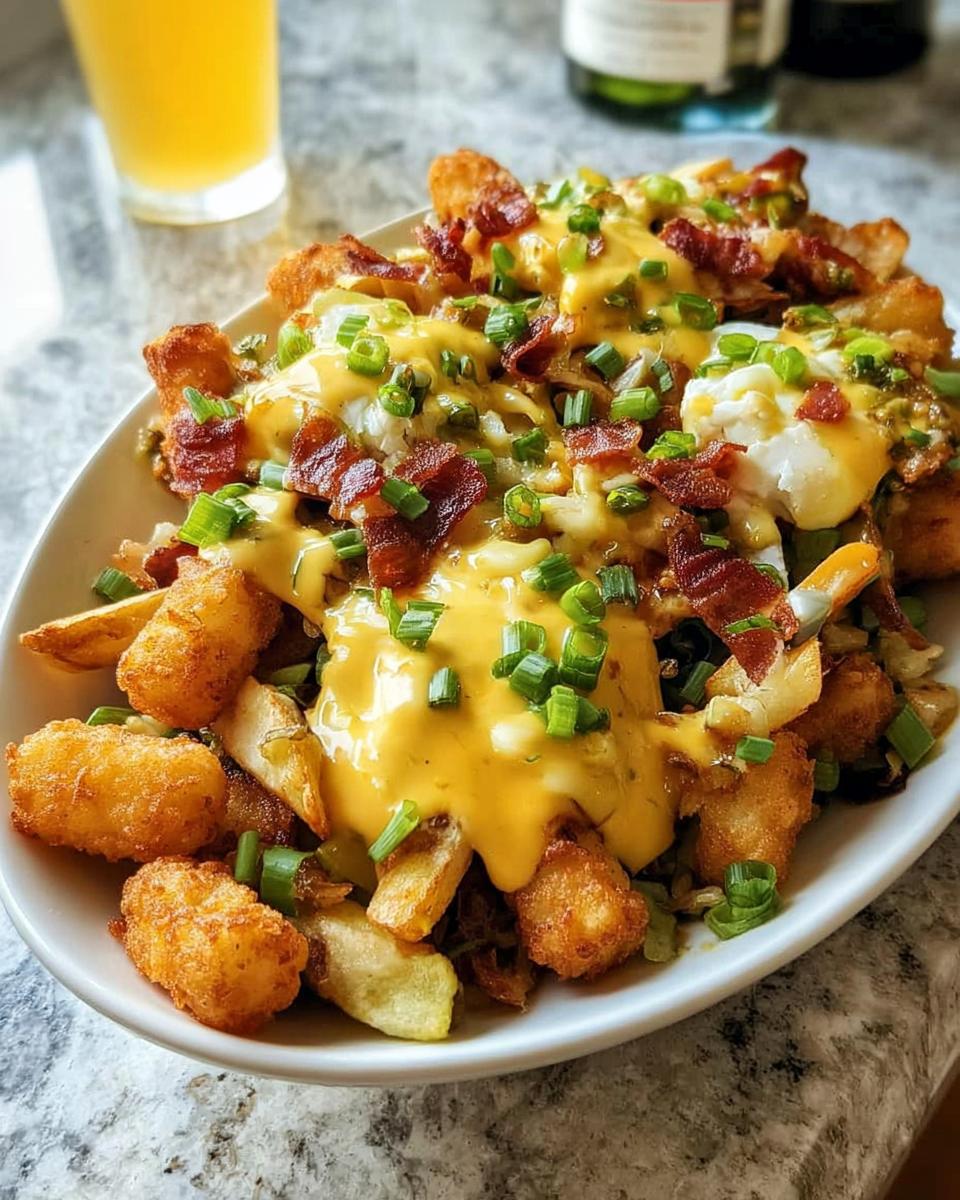 A close-up of Breakfast Poutine with Hollandaise Sauce, featuring crispy tater tots, fries, bacon, and chives.