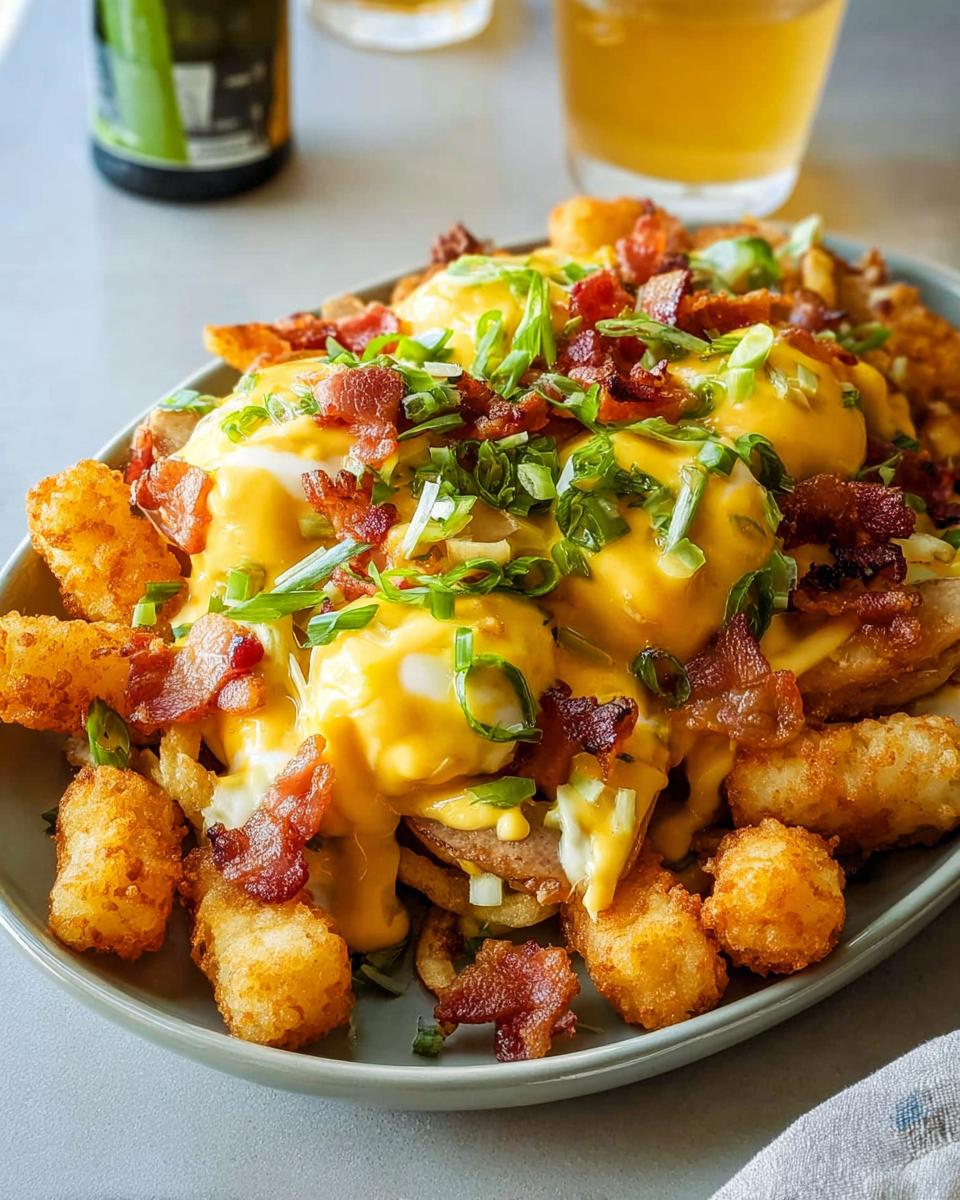 A plate of Breakfast Poutine with Hollandaise Sauce, topped with bacon and green onions, served with tater tots.