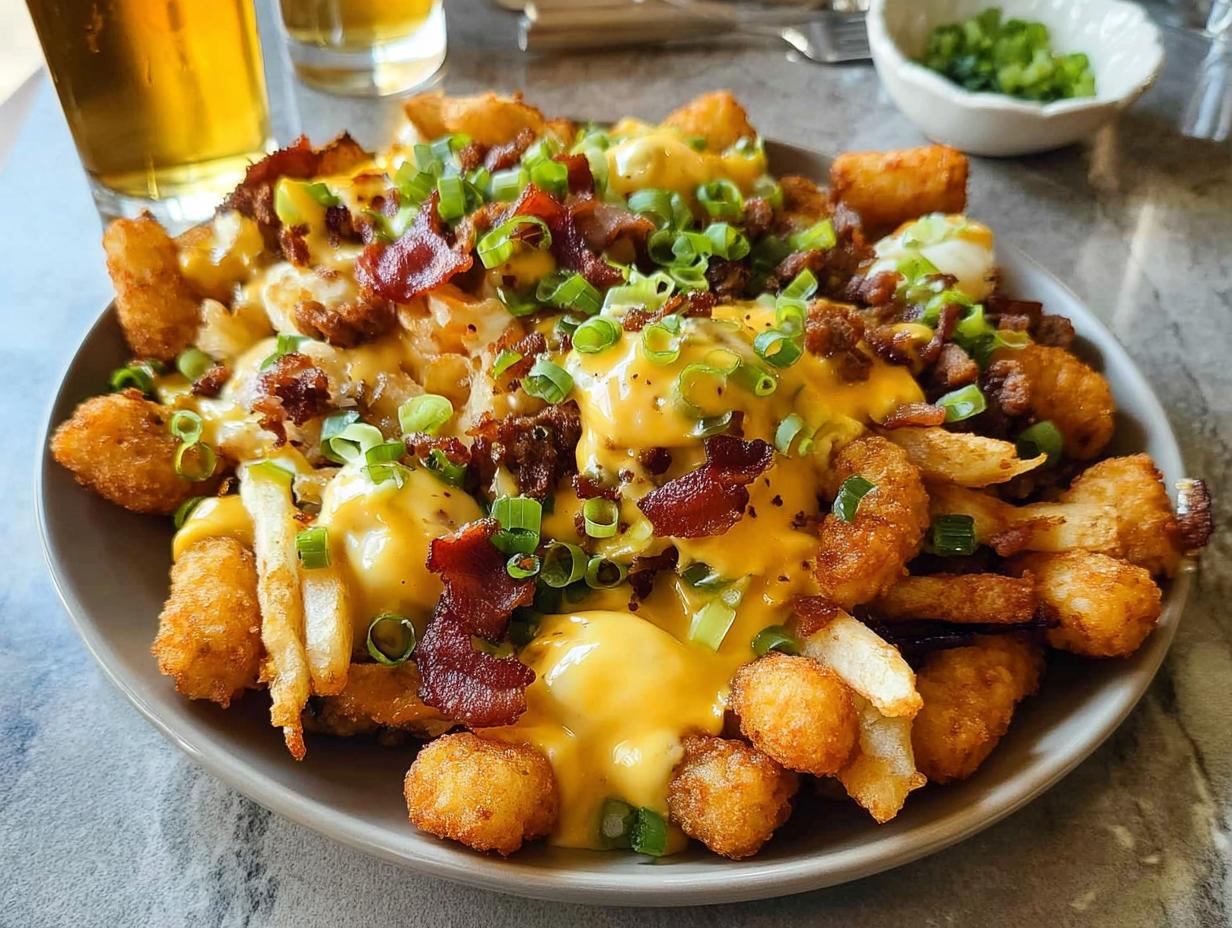 A plate of Breakfast Poutine with tater tots, fries, bacon, hollandaise sauce, and green onions.