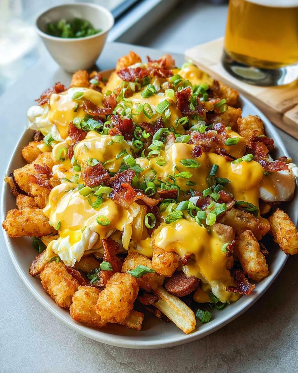 A delicious plate of Breakfast Poutine with Hollandaise Sauce, topped with crispy bacon, fried eggs, and green onions.