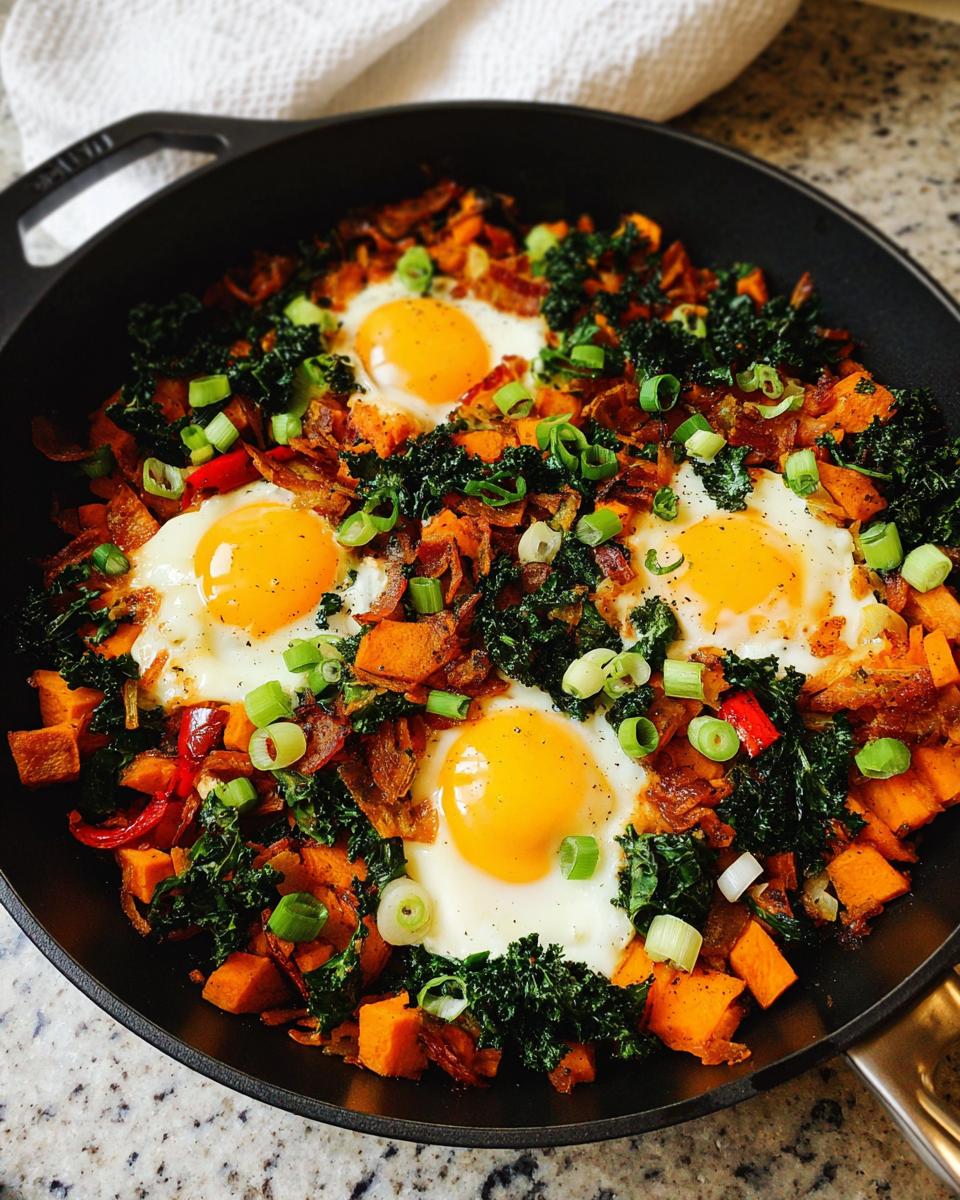 A delicious one-pan BREAKFAST SWEET POTATO hash topped with fried eggs, kale, bacon, and green onions.