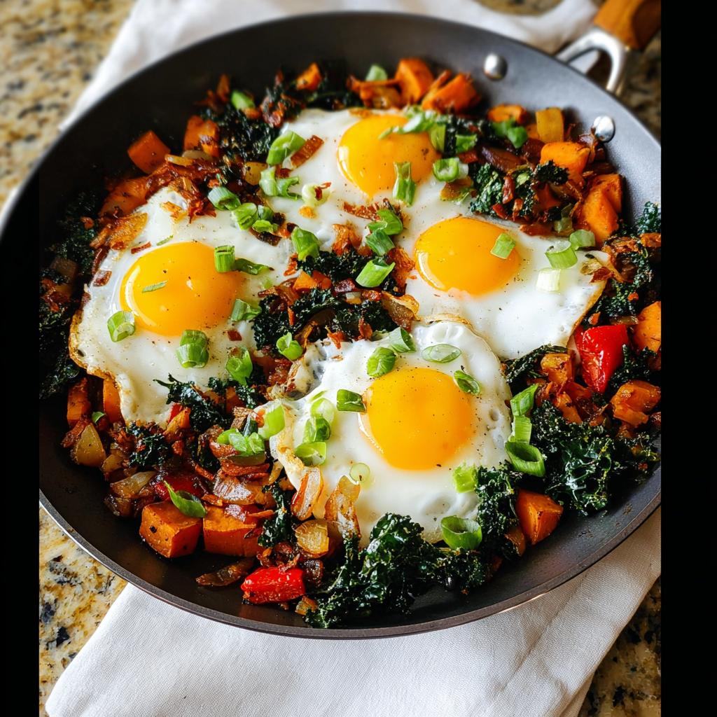 A colorful BREAKFAST SWEET POTATO hash with fried eggs, kale, and scallions in a skillet.