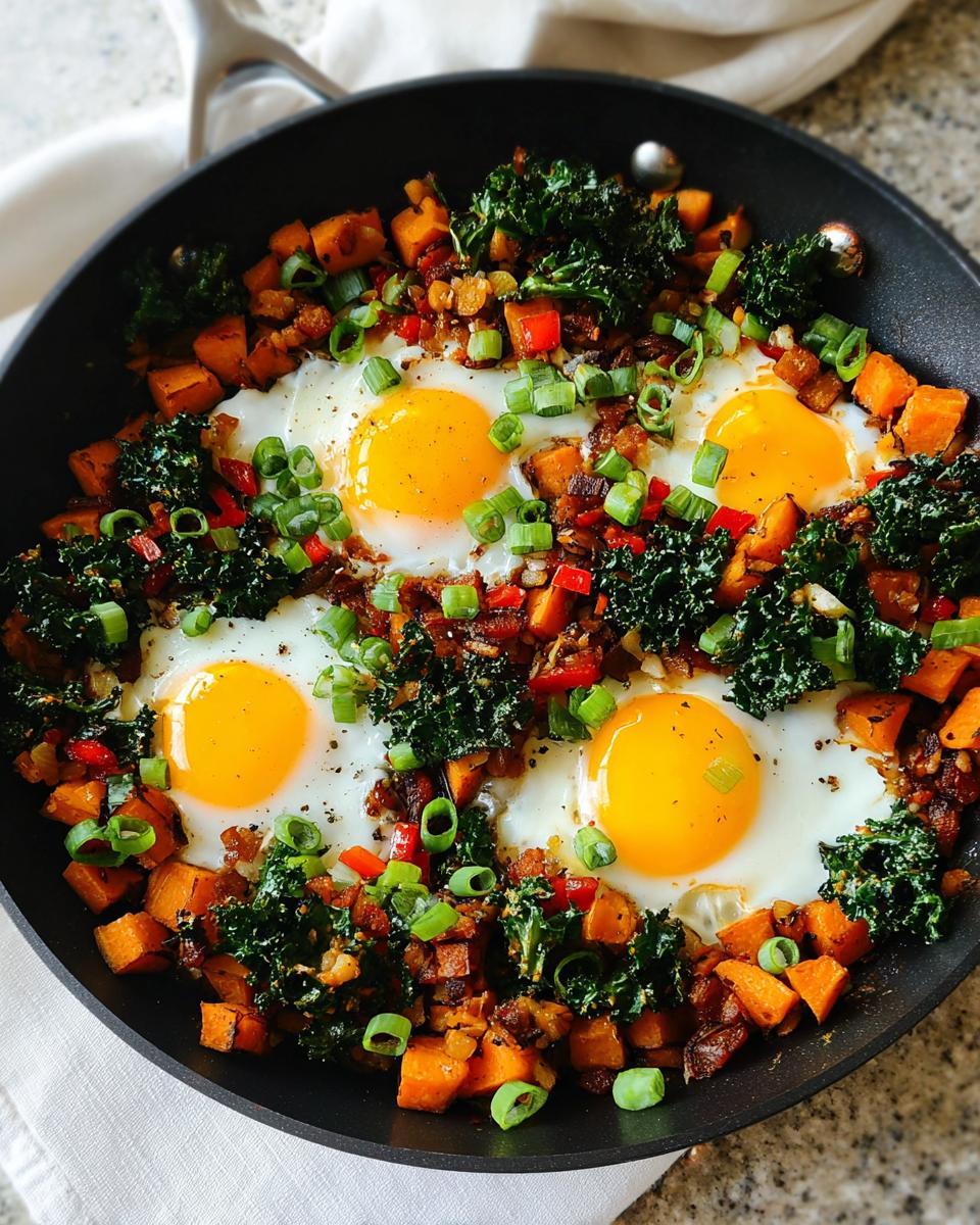 A vibrant BREAKFAST SWEET POTATO hash cooked in a skillet with fried eggs, kale, and red peppers, topped with green onions.