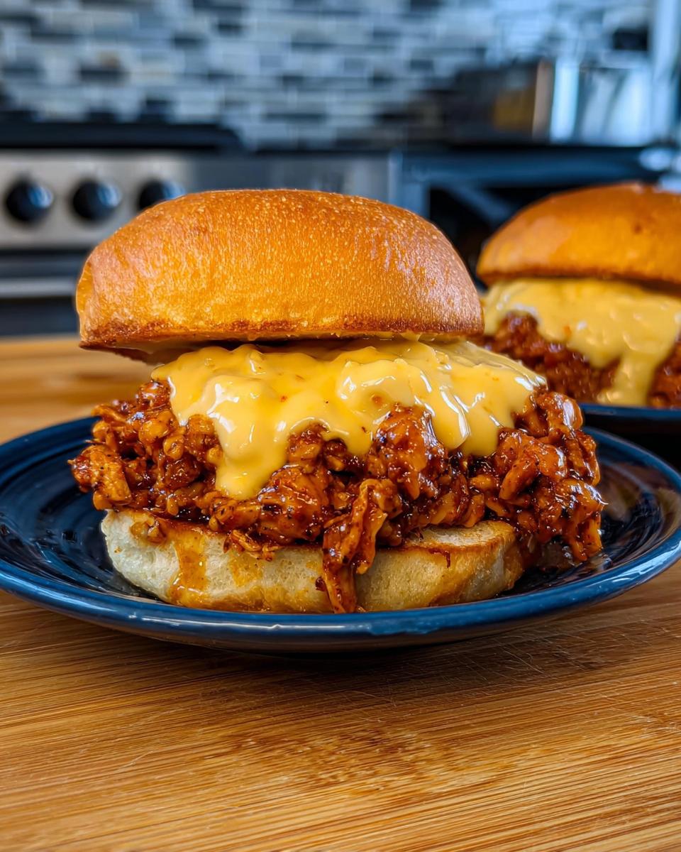 Close-up of a Cajun Chicken Sloppy Joe piled high with shredded chicken and melted creamy cheese sauce on a toasted bun.
