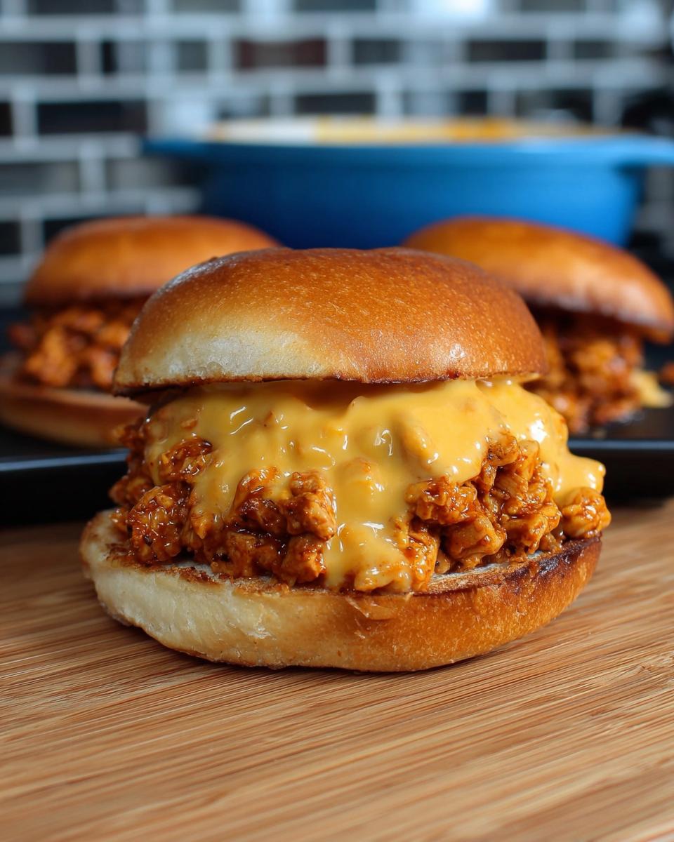 Close-up of a Cajun Chicken Sloppy Joe sandwich topped with creamy cheese sauce on a toasted bun.
