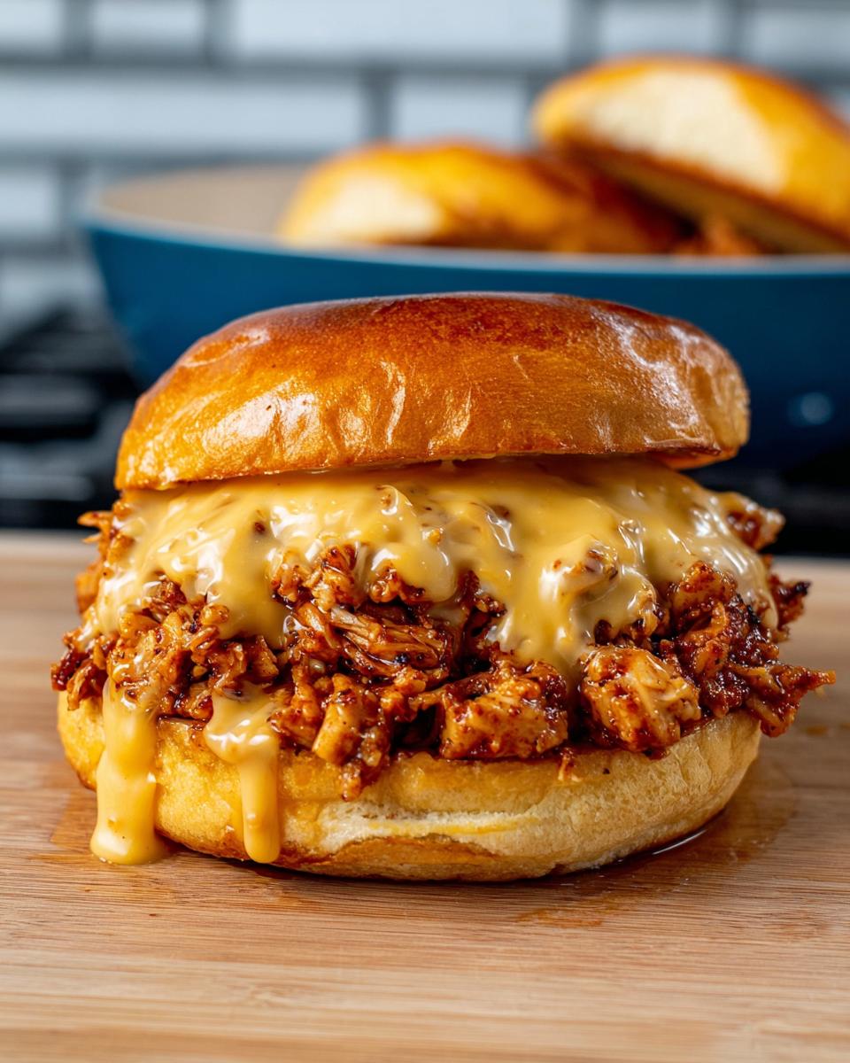 A juicy Cajun Chicken Sloppy Joe sandwich overflowing with shredded chicken and melted cheese sauce on a brioche bun.