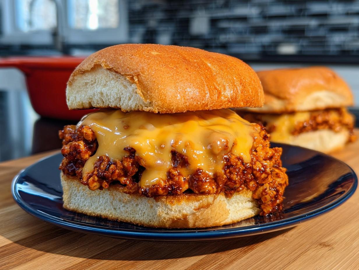 Close-up of a delicious Cajun Chicken Sloppy Joe sandwich topped with melted cheese on a bun.