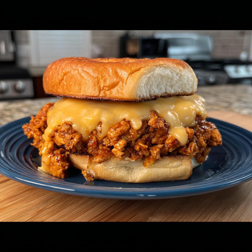 A delicious Cajun Chicken Sloppy Joe sandwich piled high with shredded chicken and melted cheese on a bun.