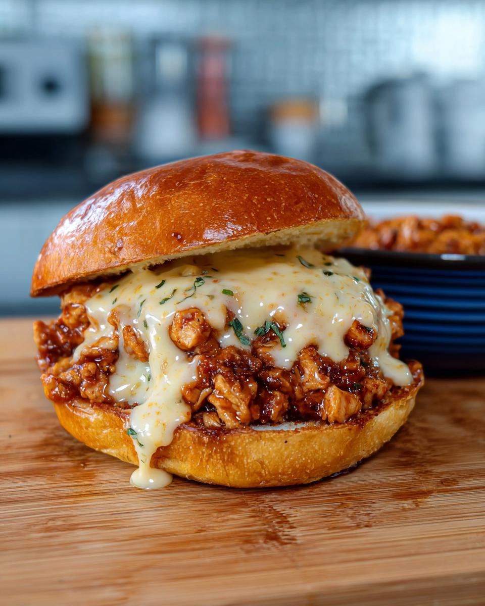 A delicious Cajun Chicken Sloppy Joe sandwich piled high with creamy cheese sauce and herbs.