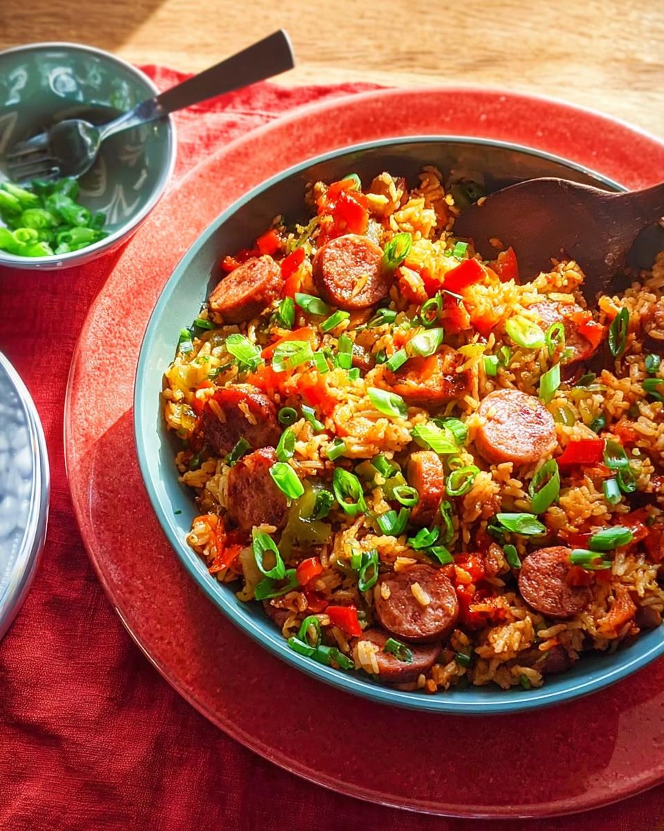A close-up of a bowl filled with Cajun Sausage and Rice Skillet, garnished with green onions.