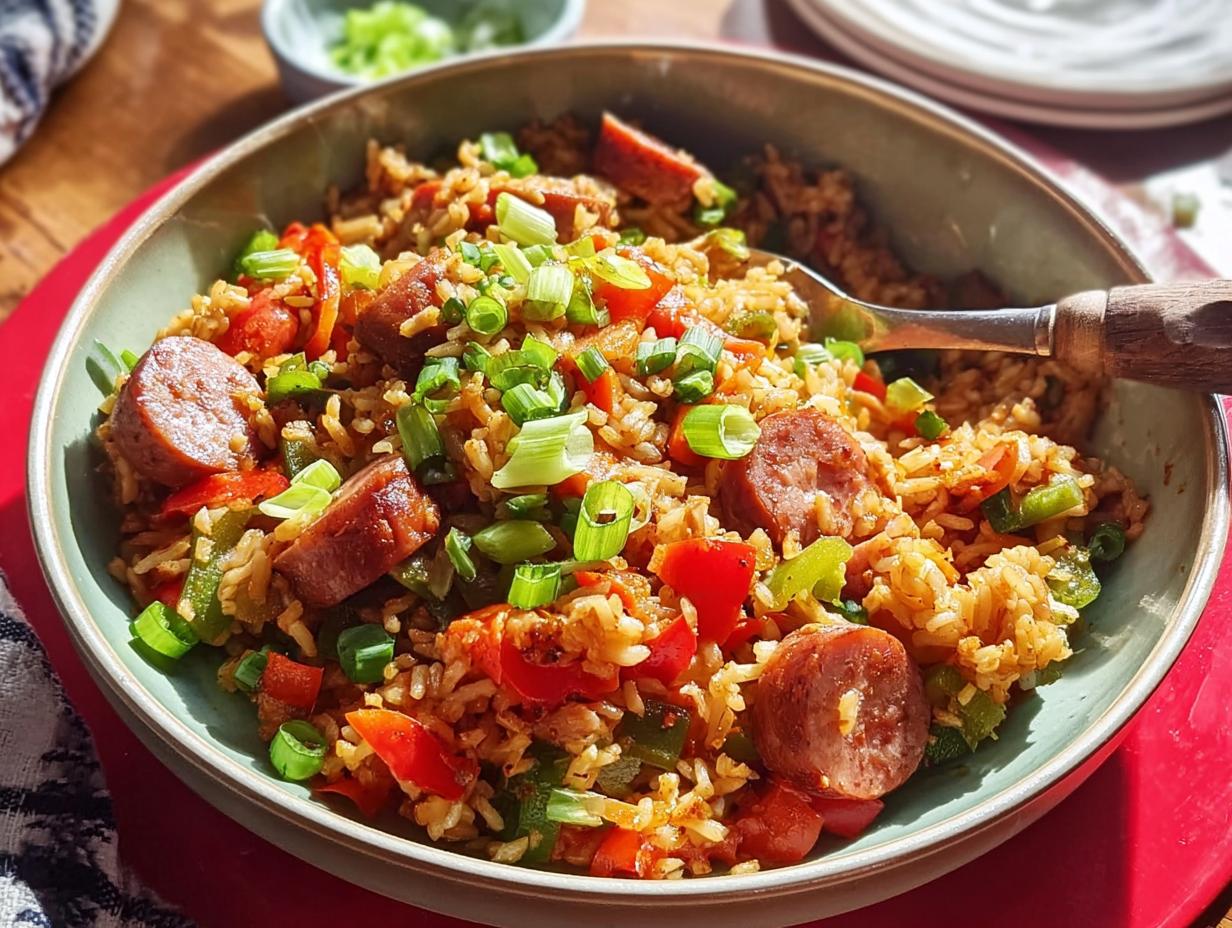 A close-up of a bowl filled with Cajun Sausage and Rice Skillet, featuring sliced sausage, rice, bell peppers, and green onions.