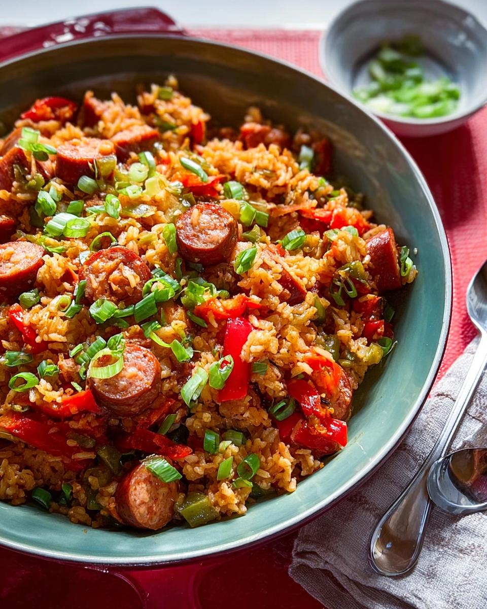 Close-up of a bowl of Cajun Sausage and Rice Skillet, with sliced sausage, bell peppers, and green onions.