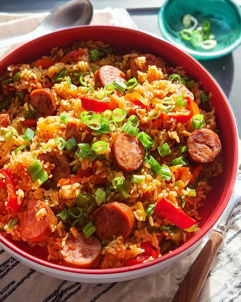 A close-up view of a vibrant Cajun Sausage and Rice Skillet, featuring sliced sausage, rice, bell peppers, and green onions.