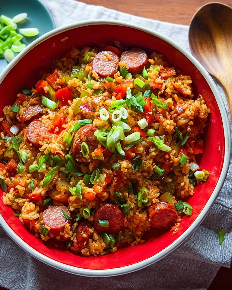 A vibrant bowl of Cajun Sausage and Rice Skillet, garnished with fresh green onions.