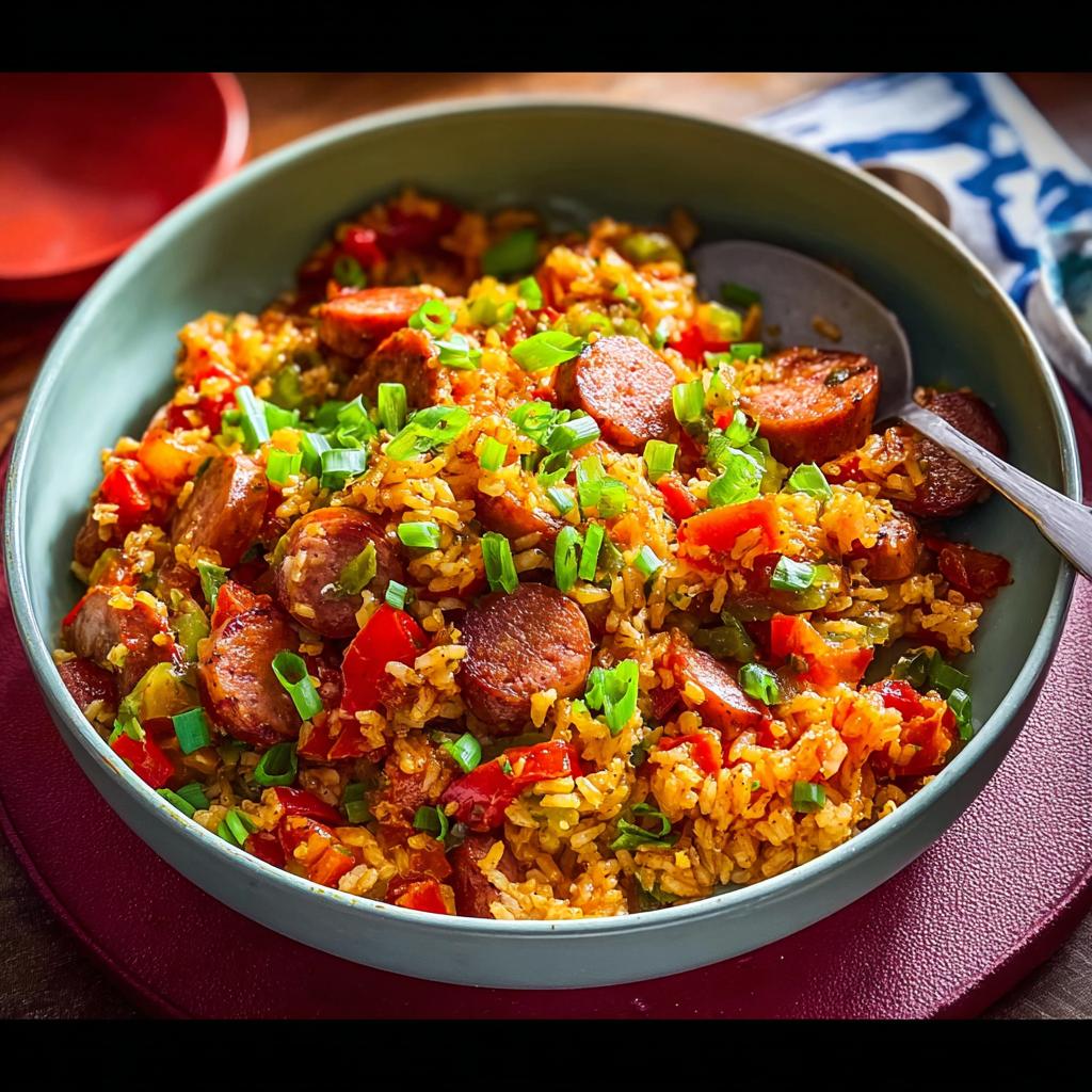 A close-up of a bowl filled with Cajun Sausage and Rice Skillet, garnished with green onions.