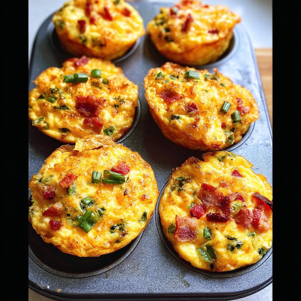 Six golden brown cheesy muffin tin cottage cheese egg bites topped with bacon bits and green onions in a muffin tin.