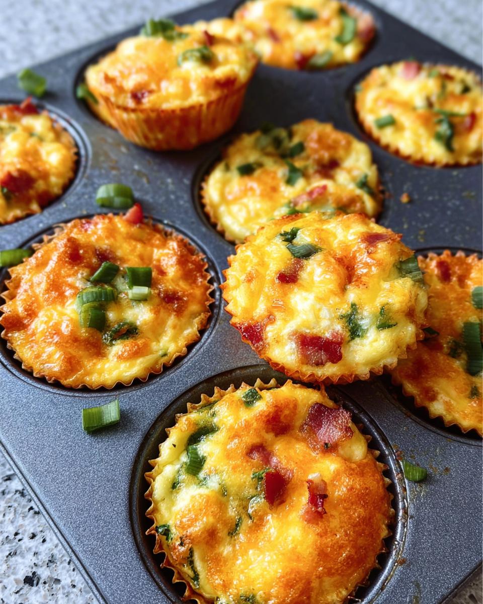 Close-up of golden brown Cheesy Muffin Tin Cottage Cheese Egg Bites topped with bacon and green onions.
