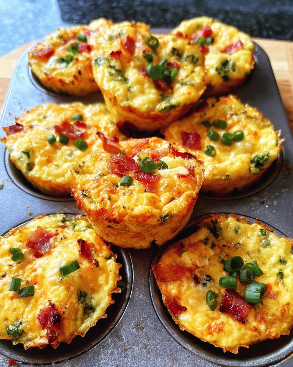 A batch of golden-brown Cheesy Muffin Tin Cottage Cheese Egg Bites topped with bacon and green onions in a muffin tin.