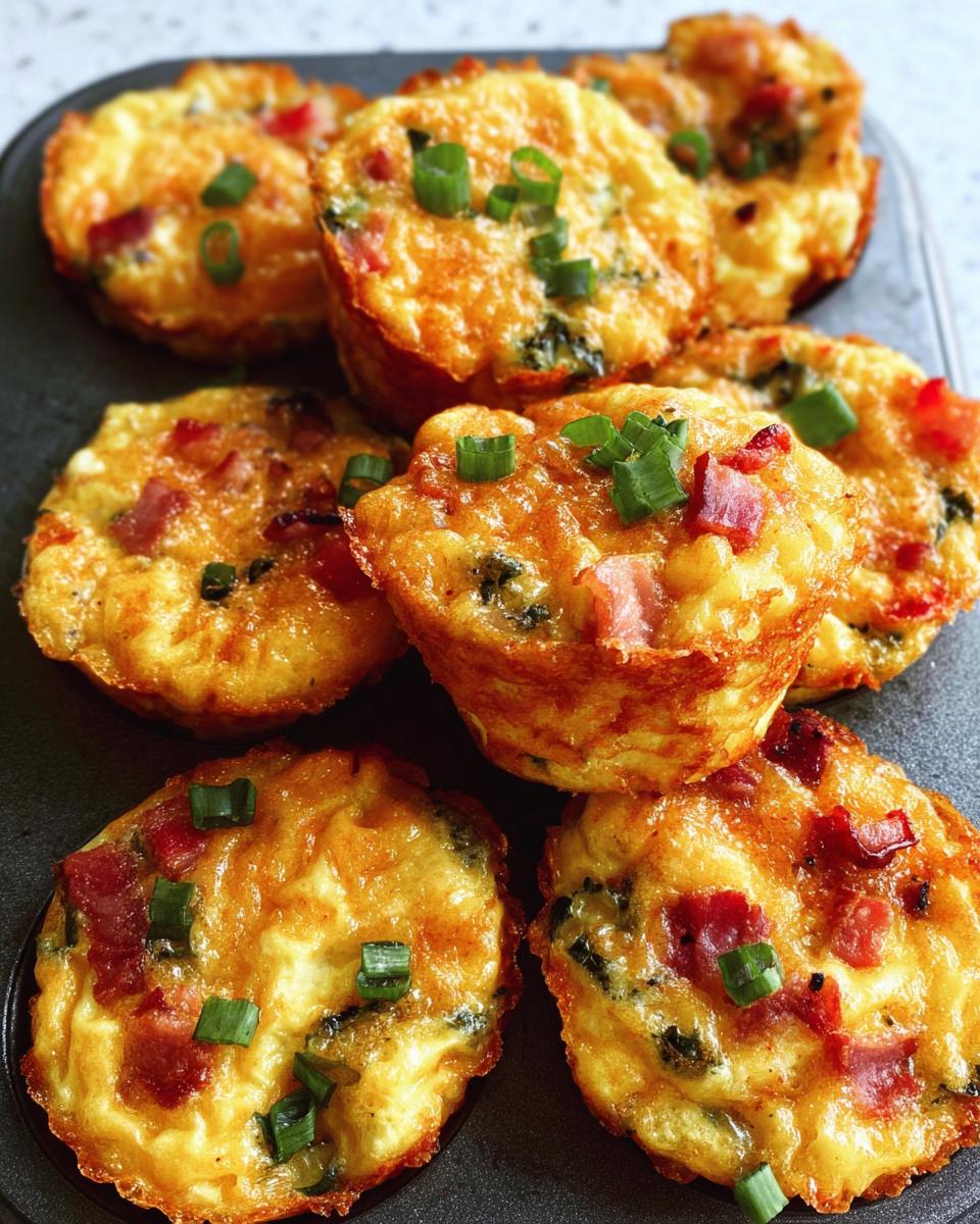 A close-up of golden brown Cheesy Muffin Tin Cottage Cheese Egg Bites topped with chopped green onions and bacon bits.