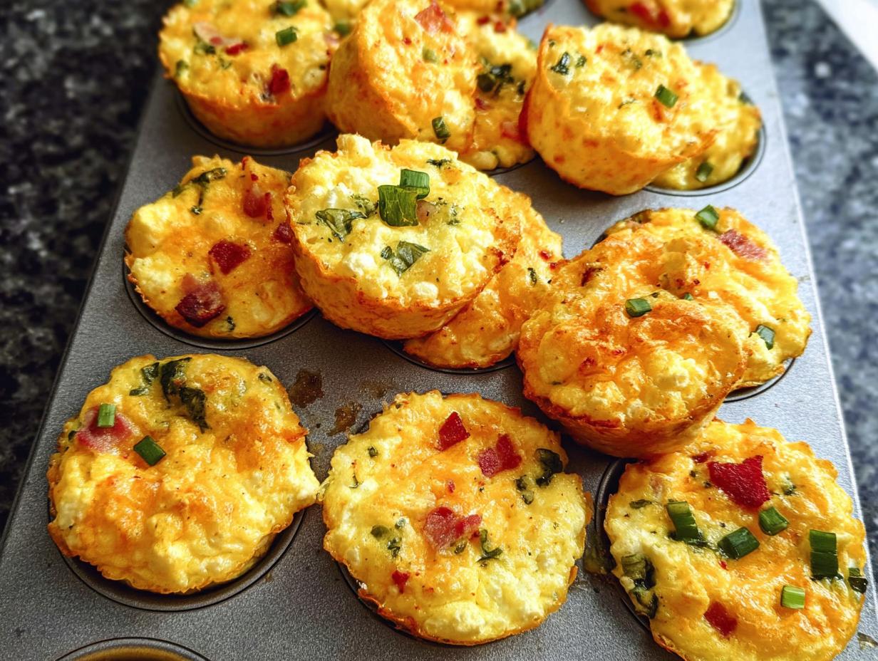 Close-up of golden brown Cheesy Muffin Tin Cottage Cheese Egg Bites with visible cheese, bacon, and green onions.