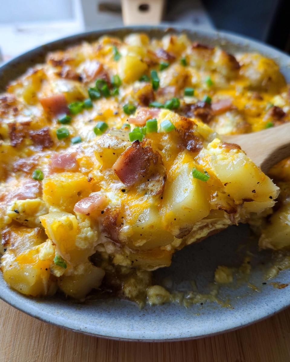 A serving spoon lifts a portion of Cheesy Potato Egg Scramble, revealing layers of potatoes, melted cheese, and ham, topped with chives.