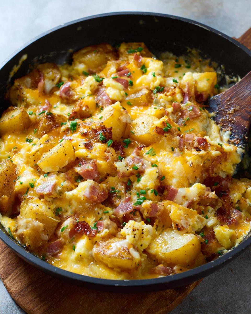 A close-up of a Cheesy Potato Egg Scramble in a black skillet, topped with chives and bacon bits.