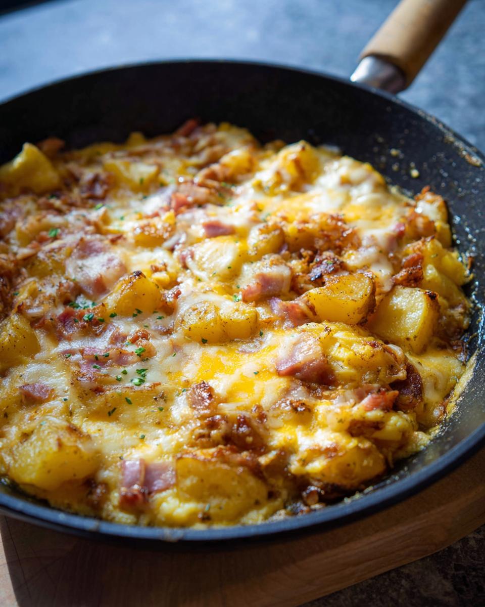 A close-up of a Cheesy Potato Egg Scramble in a black skillet, topped with melted cheese and bacon bits.