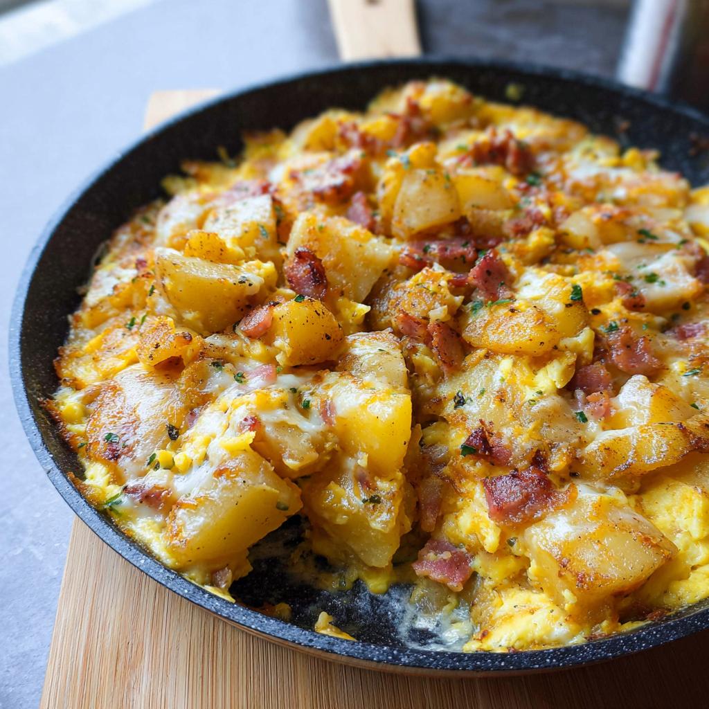 Close-up of a Cheesy Potato Egg Scramble in a black skillet, topped with bacon and herbs.