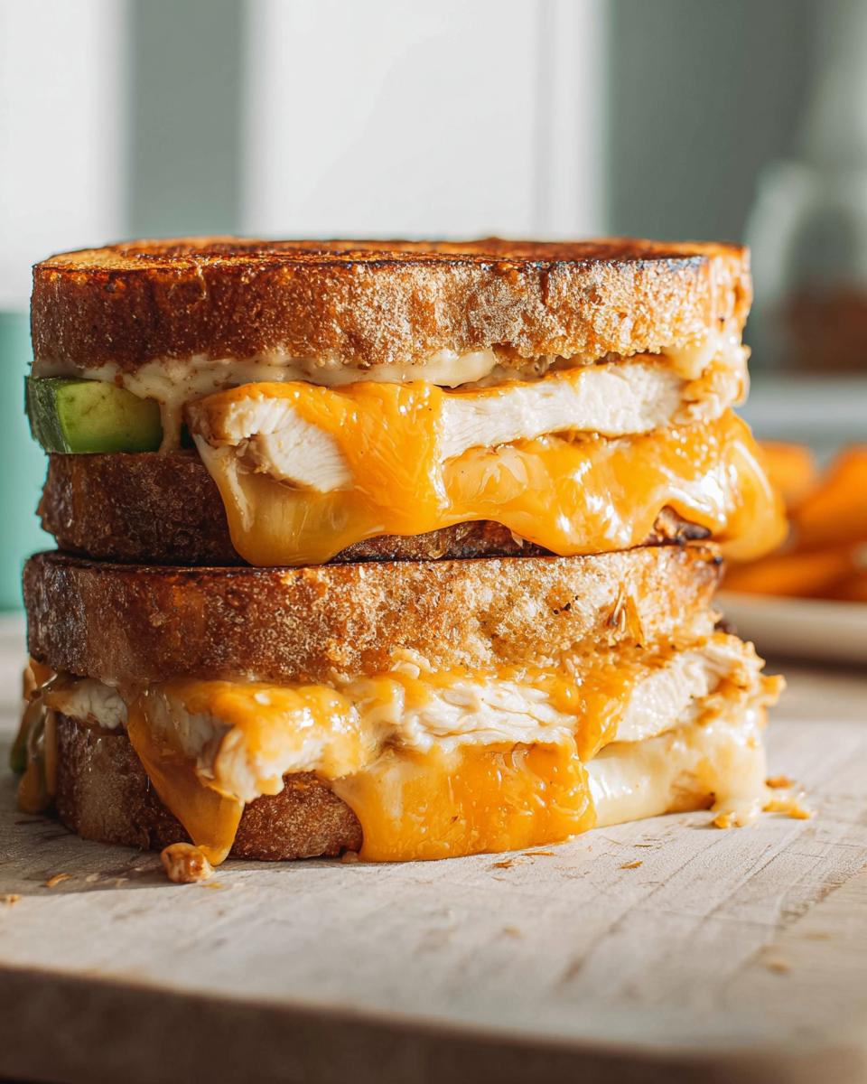 A close-up of a stacked Chicken Avocado Melt Sandwich with gooey melted cheese and toasted bread.