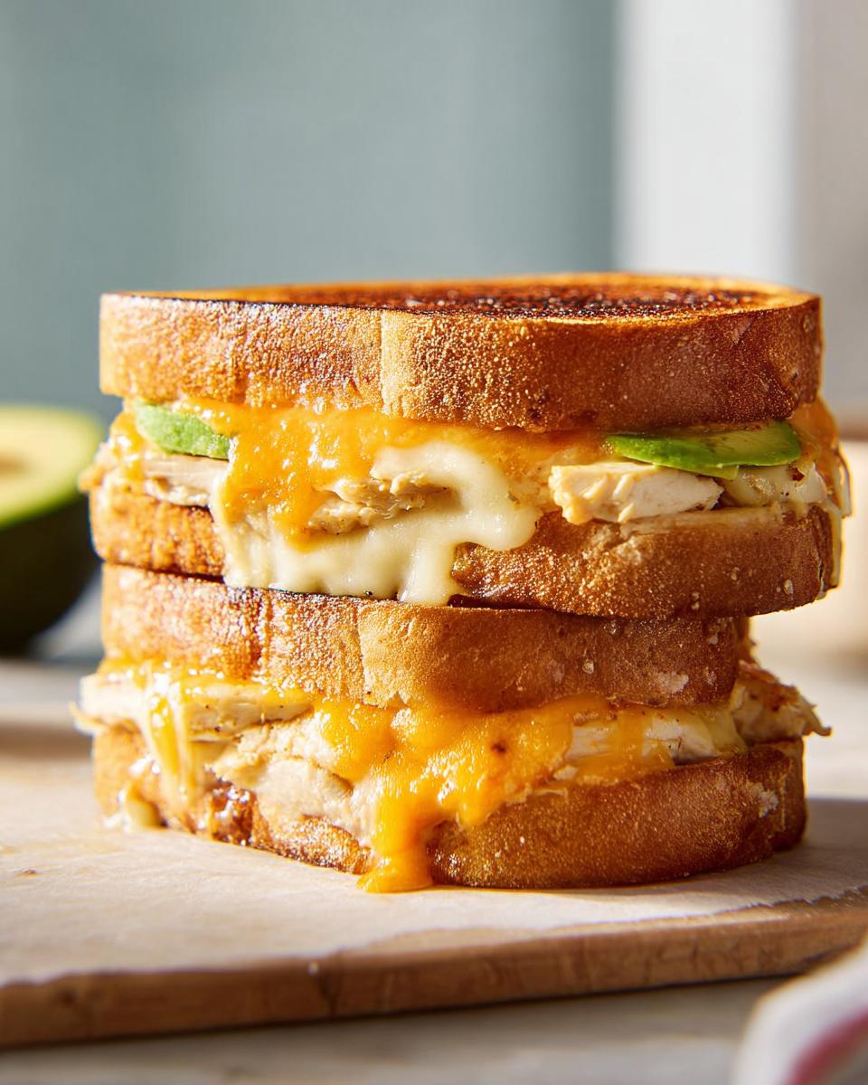 A tall stack of a Chicken Avocado Melt Sandwich with melted cheese oozing out.