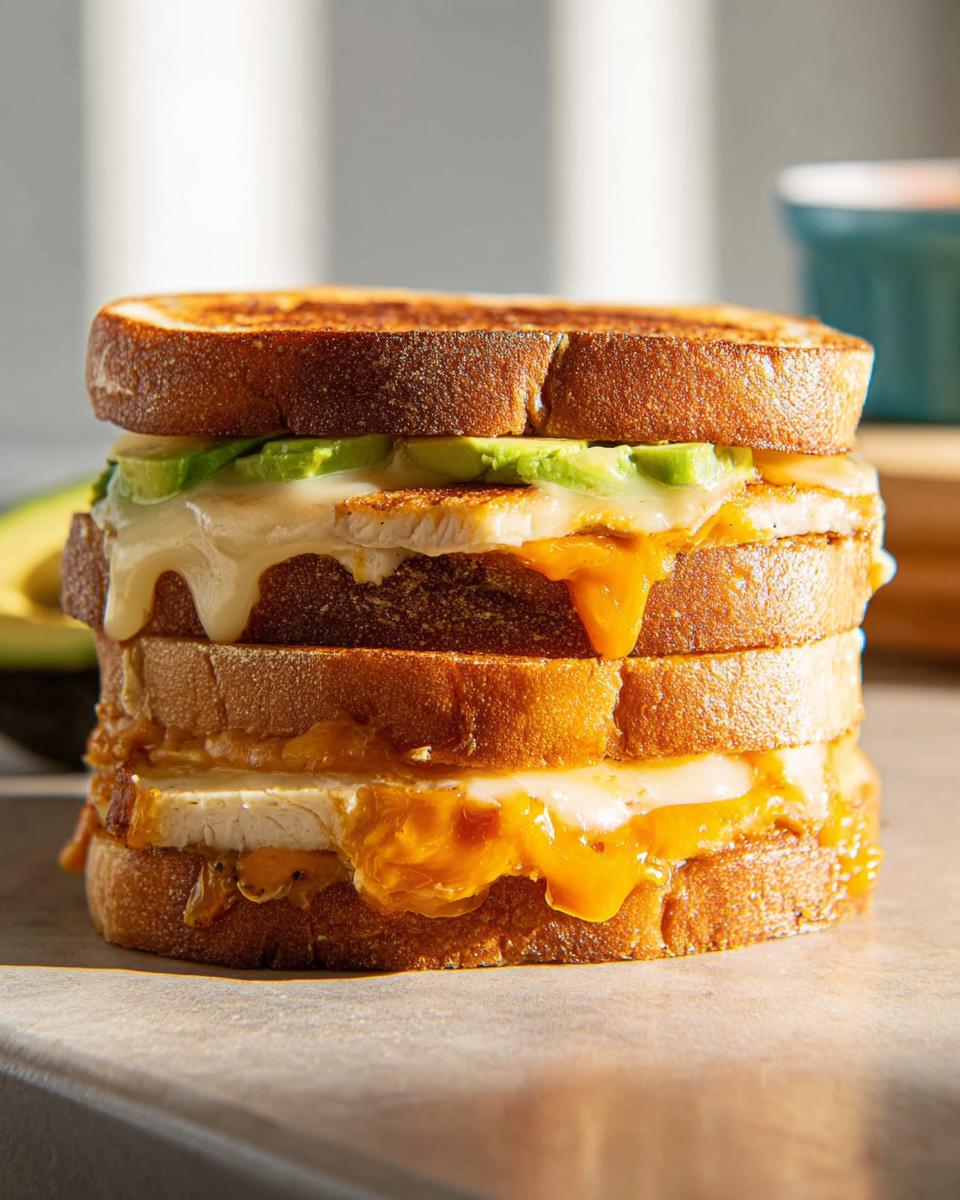 A tall Chicken Avocado Melt Sandwich with layers of toasted bread, melted cheese, chicken, and avocado slices.