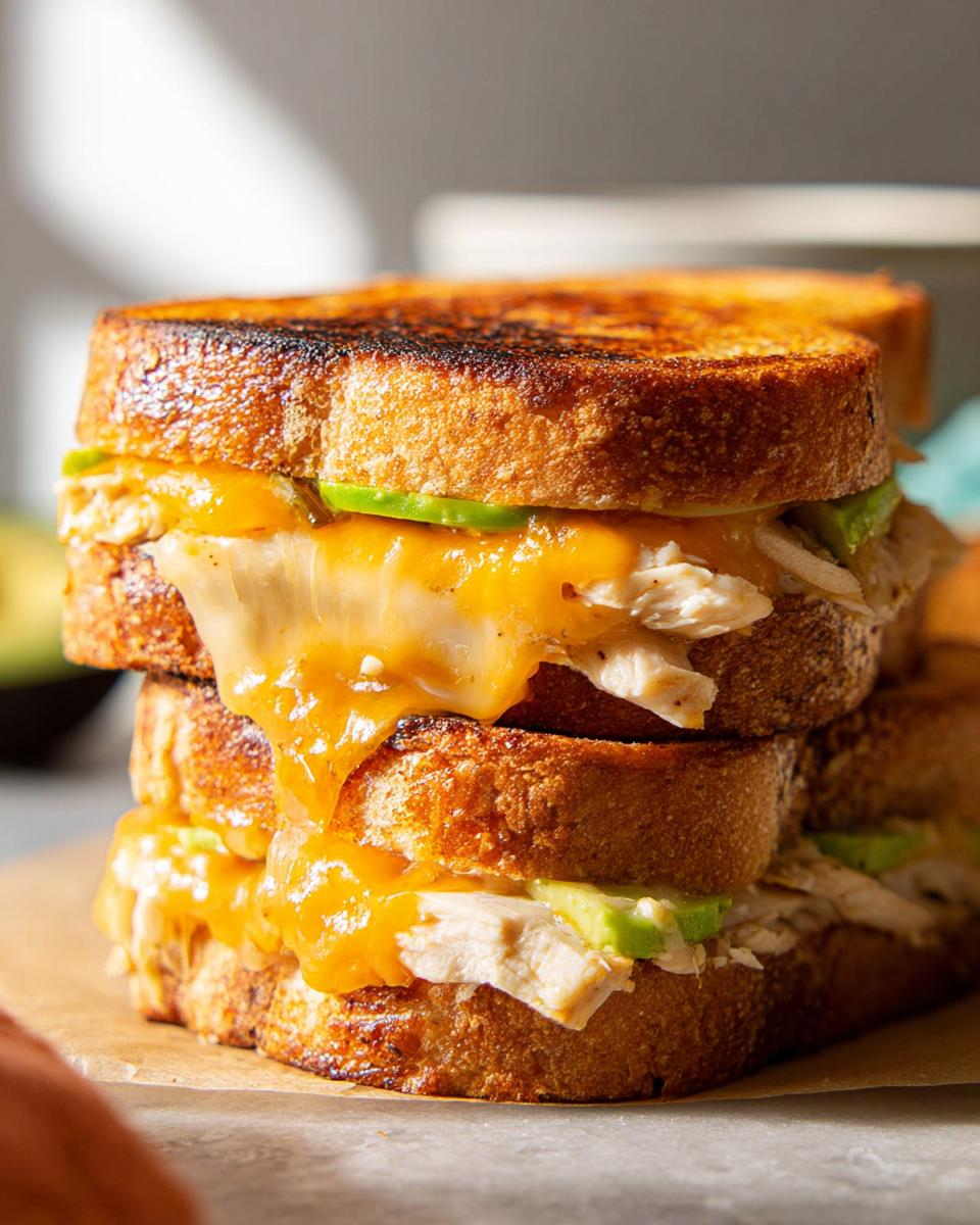 A stacked Chicken Avocado Melt Sandwich with gooey melted cheese, sliced avocado, and shredded chicken on toasted bread.