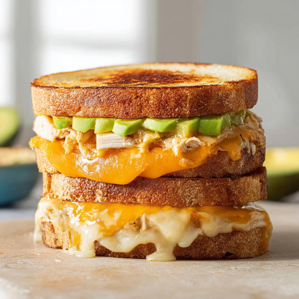 A tall Chicken Avocado Melt Sandwich stacked with toasted bread, melted cheese, shredded chicken, and fresh avocado slices.