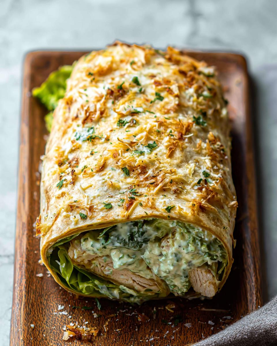 A close-up of a Chicken Avocado Ranch Burrito, showing layers of chicken, creamy ranch sauce, and lettuce inside a golden-brown tortilla.