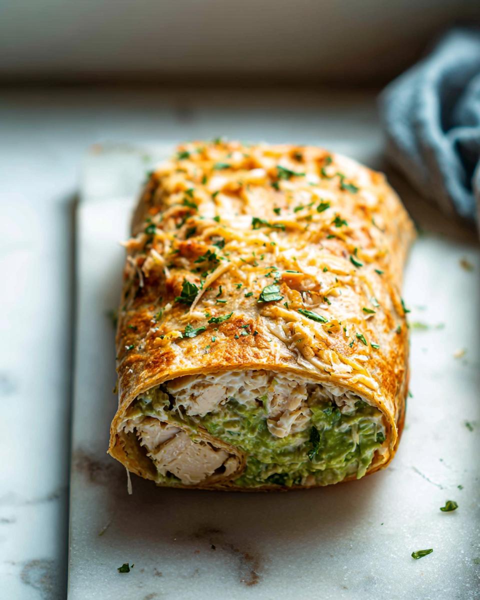 Close-up of a Chicken Avocado Ranch Burrito, showing shredded chicken and creamy avocado filling.