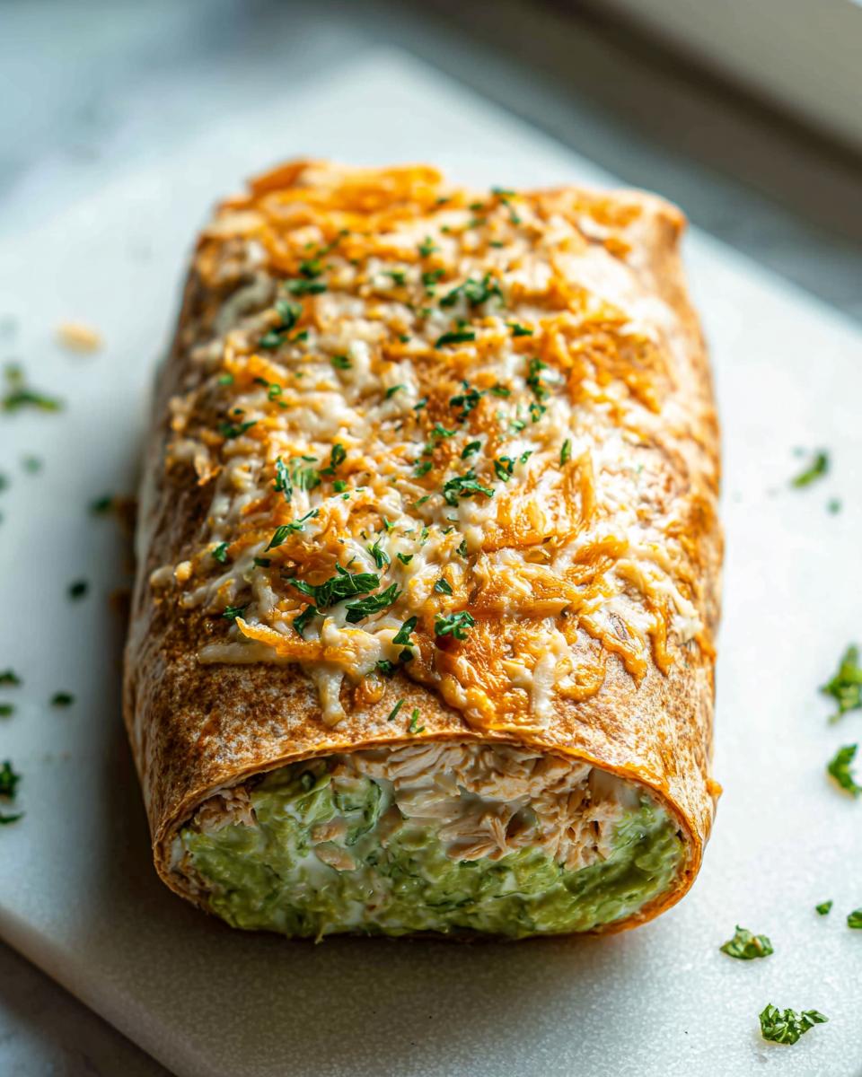 A close-up of a Chicken Avocado Ranch Burrito, topped with melted cheese and fresh parsley.